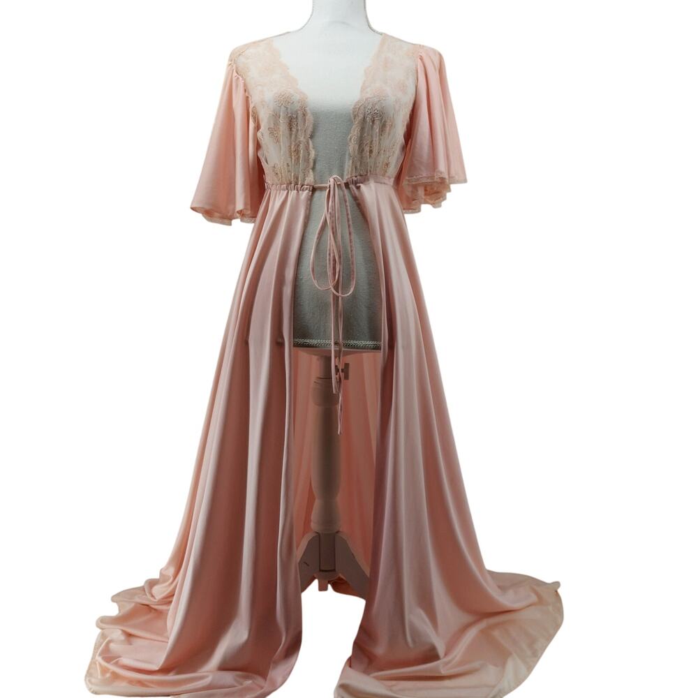 Vintage pastel Sheer Long Lace-Trim Robe - Blush Pink French Parisian